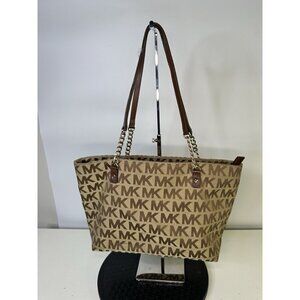 Michael Kors Monogram Logo Black Chain Tote Shoulder Bag Canvas Handbag/Purse